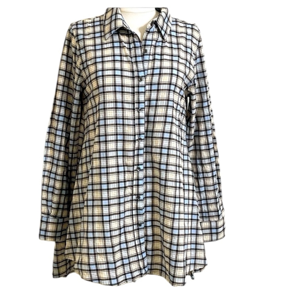 EASEL Womens Flowy Cream Blue Tan Plaid Cotton Tunic Size Medium